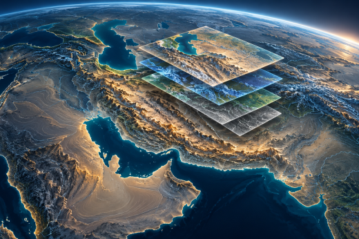 Translucent map layers float above a stylized view of western Asia on a curved Earth.
