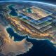 Translucent map layers float above a stylized view of western Asia on a curved Earth.