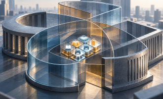 Overlapping glass and stone frames surround small tiles representing digital services.