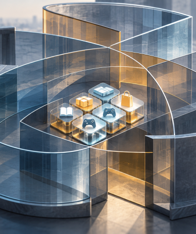 Overlapping glass and stone frames surround small tiles representing digital services.