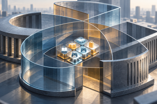 Overlapping glass and stone frames surround small tiles representing digital services.