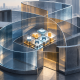 Overlapping glass and stone frames surround small tiles representing digital services.