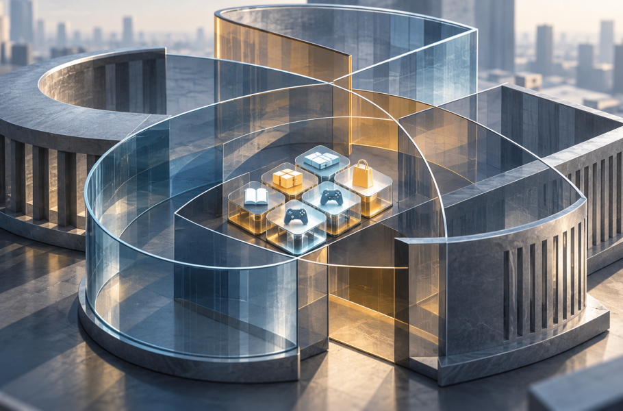 Overlapping glass and stone frames surround small tiles representing digital services.