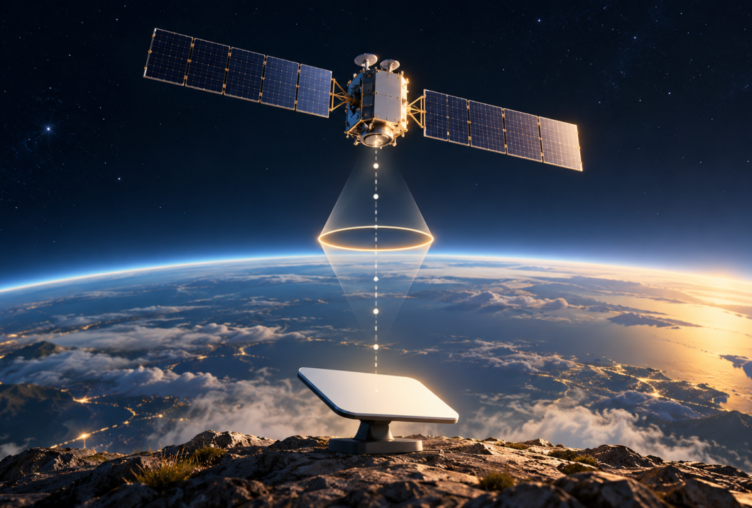 Conceptual illustration of a communications satellite above Earth and a receiving terminal below.
