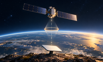 Conceptual illustration of a communications satellite above Earth and a receiving terminal below.