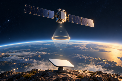 Conceptual illustration of a communications satellite above Earth and a receiving terminal below.