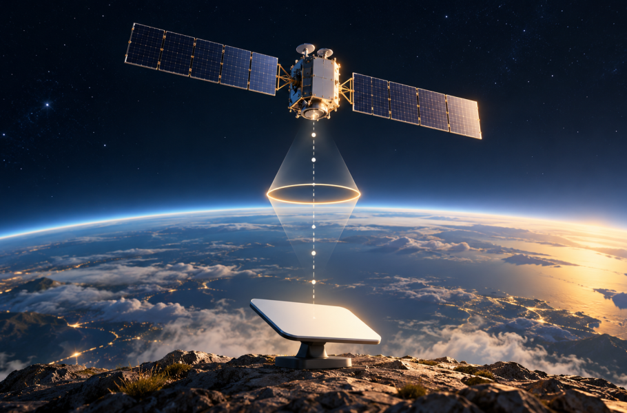 Conceptual illustration of a communications satellite above Earth and a receiving terminal below.