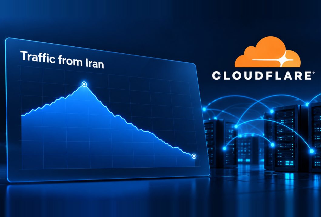 A descending blue illustrative traffic line beside Cloudflare branding and network-server graphics.