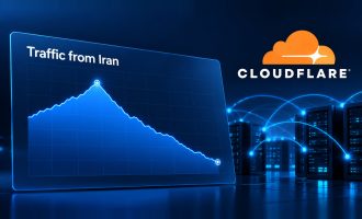 A descending blue illustrative traffic line beside Cloudflare branding and network-server graphics.