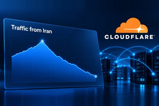 A descending blue illustrative traffic line beside Cloudflare branding and network-server graphics.