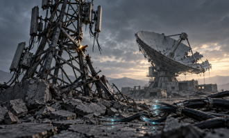 Illustration of a broken telecom mast, damaged satellite dish and severed fiber-optic cables.