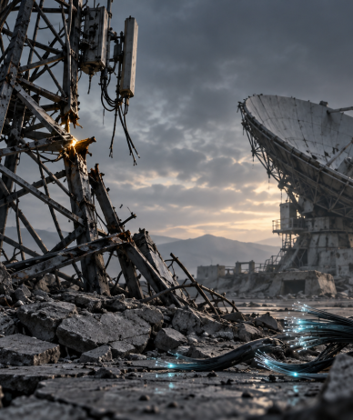 Illustration of a broken telecom mast, damaged satellite dish and severed fiber-optic cables.
