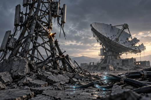 Illustration of a broken telecom mast, damaged satellite dish and severed fiber-optic cables.
