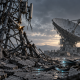 Illustration of a broken telecom mast, damaged satellite dish and severed fiber-optic cables.