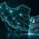 A luminous network forms the outline of Iran beside an abstract digital document with an identity icon and signature.