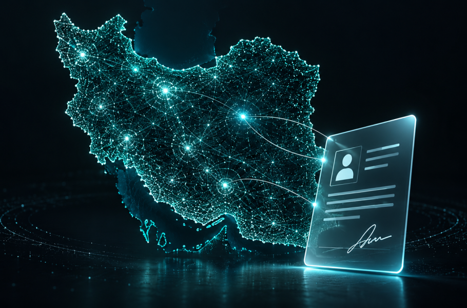 A luminous network forms the outline of Iran beside an abstract digital document with an identity icon and signature.