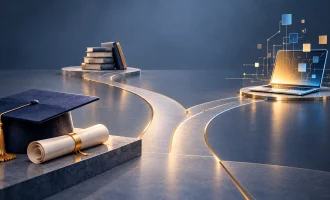 A graduation cap, diploma and books connected by branching paths to a laptop.