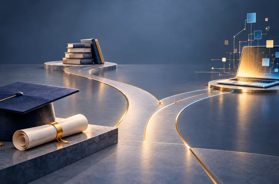 A graduation cap, diploma and books connected by branching paths to a laptop.