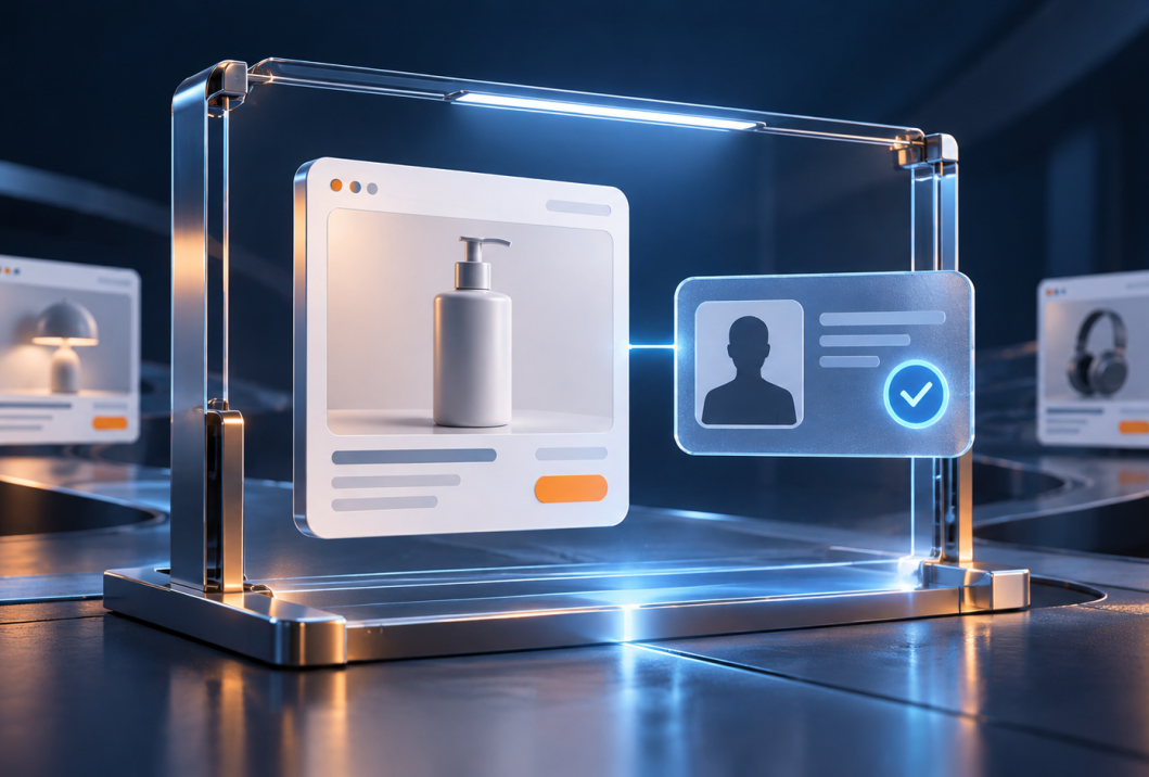 A digital ad card and an identity card with a check mark inside a transparent frame, with smaller ads in the background.