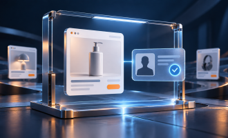 A digital ad card and an identity card with a check mark inside a transparent frame, with smaller ads in the background.