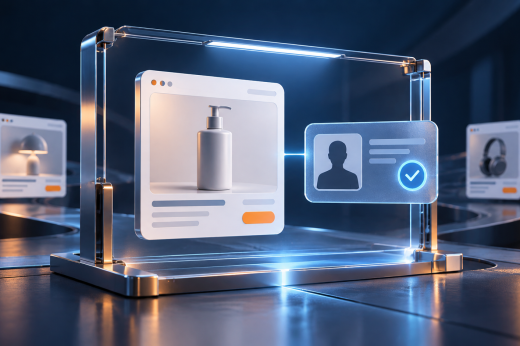 A digital ad card and an identity card with a check mark inside a transparent frame, with smaller ads in the background.