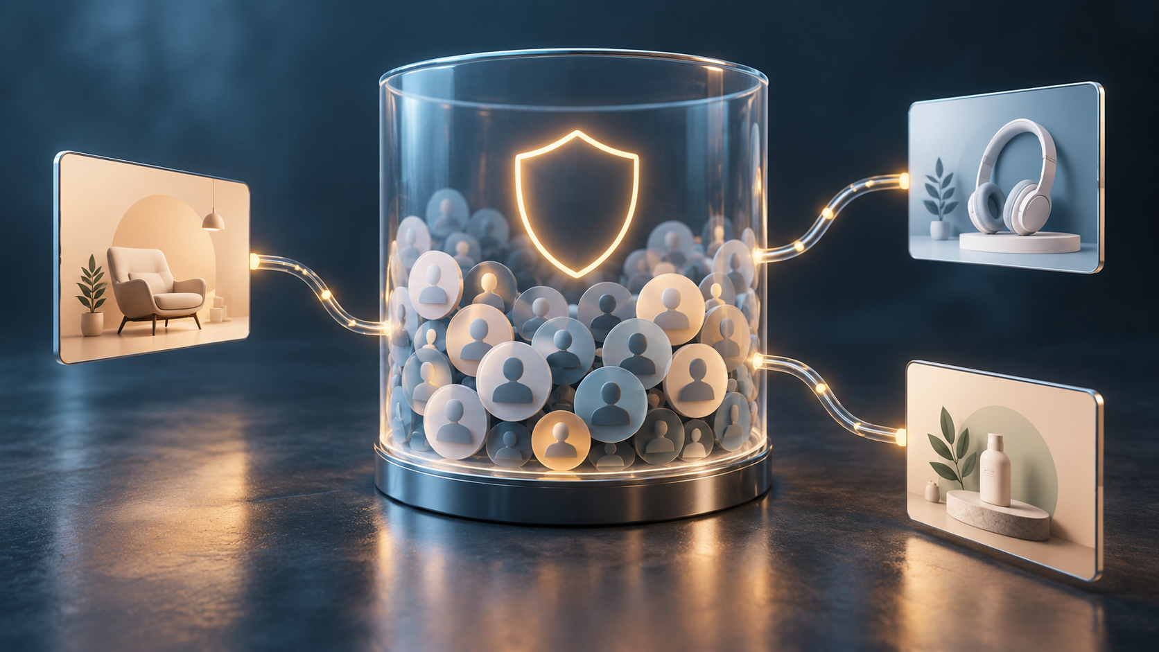 Anonymous profile tokens inside a glass cylinder with a glowing shield, connected to three product advertising cards.
