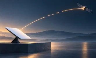 Conceptual illustration of a satellite internet terminal connected to a satellite by a broken glowing arc.