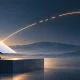 Conceptual illustration of a satellite internet terminal connected to a satellite by a broken glowing arc.