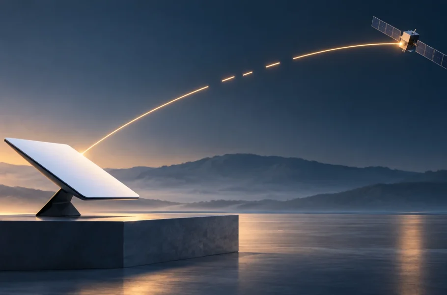 Conceptual illustration of a satellite internet terminal connected to a satellite by a broken glowing arc.