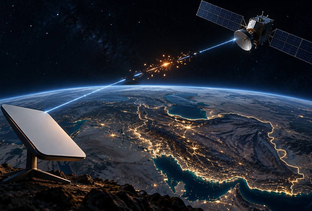 Conceptual illustration of a satellite broadband terminal, a broken luminous connection and a satellite above Iran.