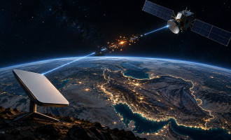 Conceptual illustration of a satellite broadband terminal, a broken luminous connection and a satellite above Iran.