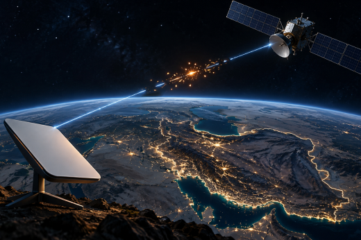 Conceptual illustration of a satellite broadband terminal, a broken luminous connection and a satellite above Iran.