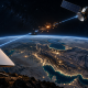 Conceptual illustration of a satellite broadband terminal, a broken luminous connection and a satellite above Iran.