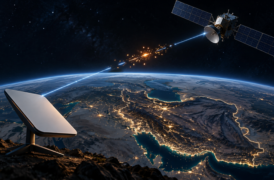 Conceptual illustration of a satellite broadband terminal, a broken luminous connection and a satellite above Iran.