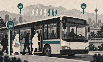 Editorial illustration of passengers boarding a city bus, with symbols for passenger counting and distances between stops.