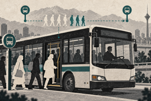 Editorial illustration of passengers boarding a city bus, with symbols for passenger counting and distances between stops.