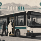 Editorial illustration of passengers boarding a city bus, with symbols for passenger counting and distances between stops.