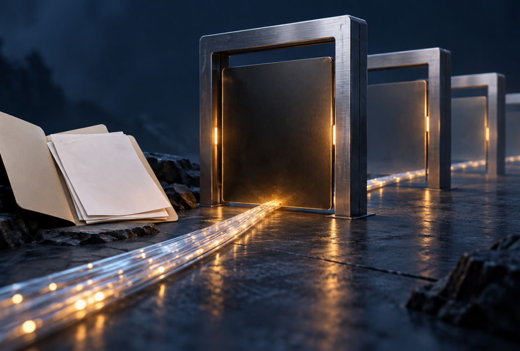 A luminous route meets four metal gates beside an open document folder.