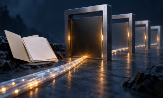 A luminous route meets four metal gates beside an open document folder.