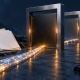 A luminous route meets four metal gates beside an open document folder.