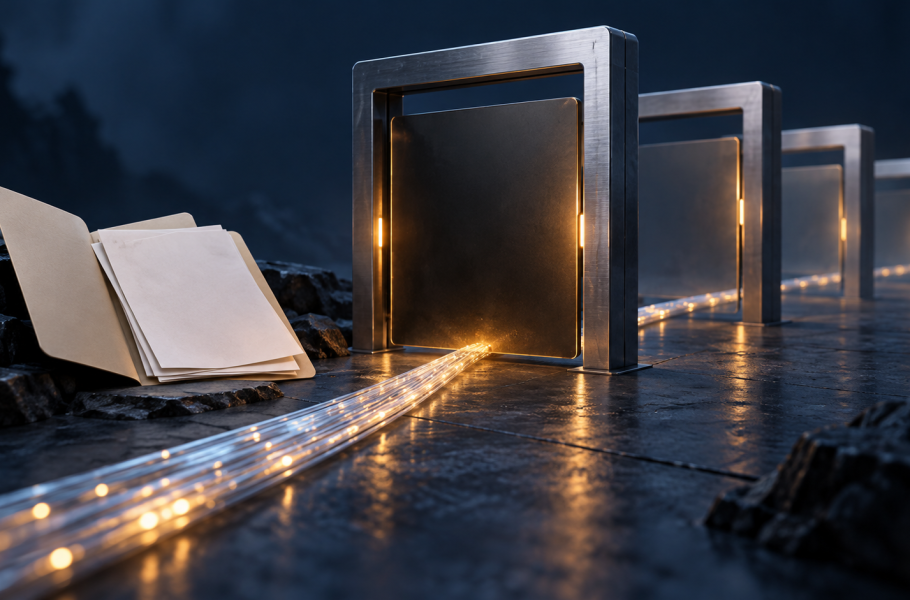 A luminous route meets four metal gates beside an open document folder.