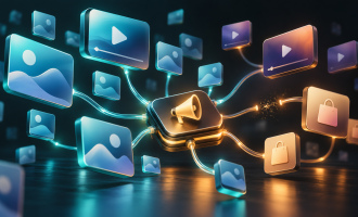 An advertising hub connected to floating social, video and shopping tiles, with a gap in one glowing connection.