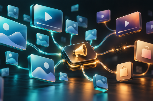 An advertising hub connected to floating social, video and shopping tiles, with a gap in one glowing connection.