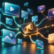 An advertising hub connected to floating social, video and shopping tiles, with a gap in one glowing connection.