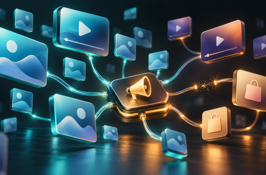 An advertising hub connected to floating social, video and shopping tiles, with a gap in one glowing connection.